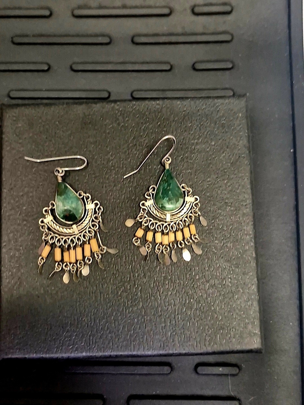 Green Turquoise Teardrop Dangle Earrings with Gold Accents.Hand Made Indian Pow